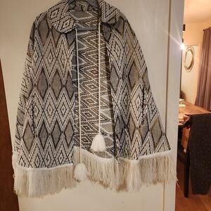 Bohemian Fringe Cape with Geometric Patter 70s Vintage